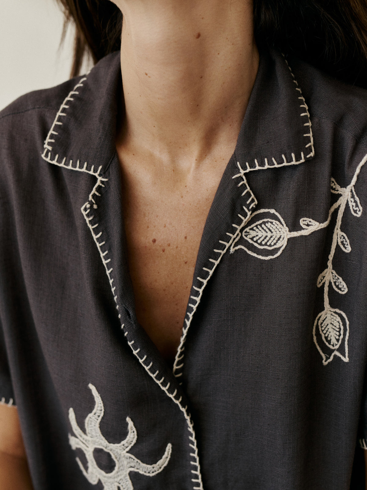 Indi & Cold Handmade Embroidery Shirt in Carbon
