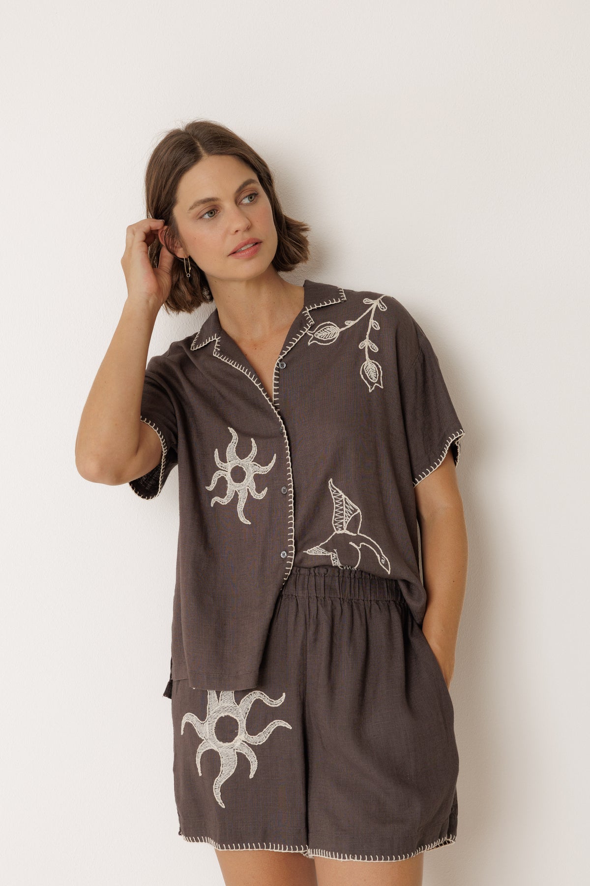Indi & Cold Handmade Embroidery Shirt in Carbon
