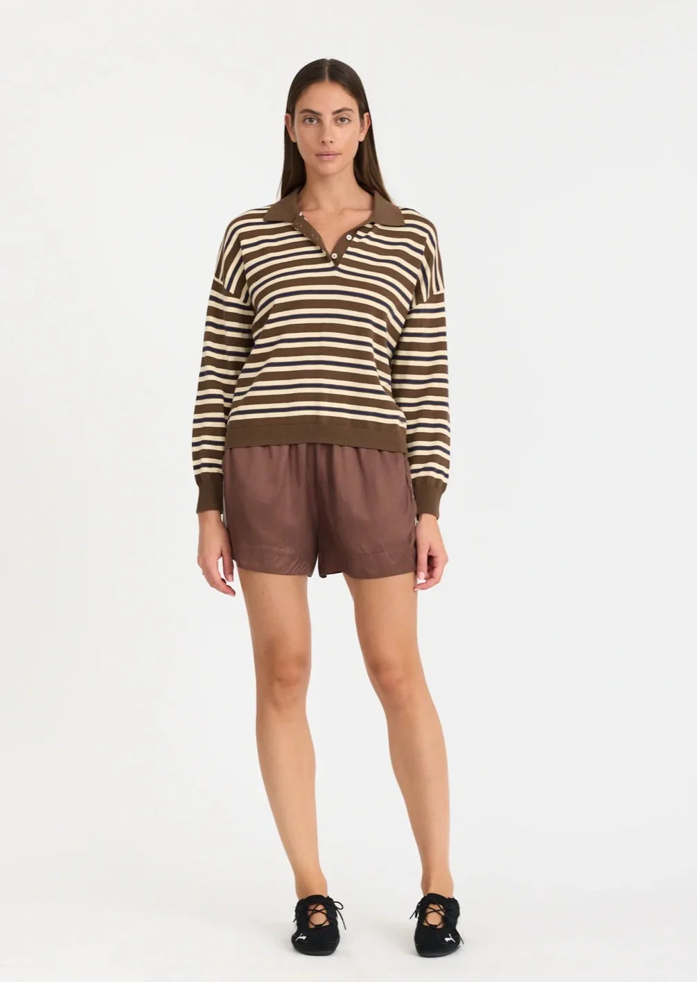 Striped polo sweater with brown shorts and black lace-up shoes for women's fashion