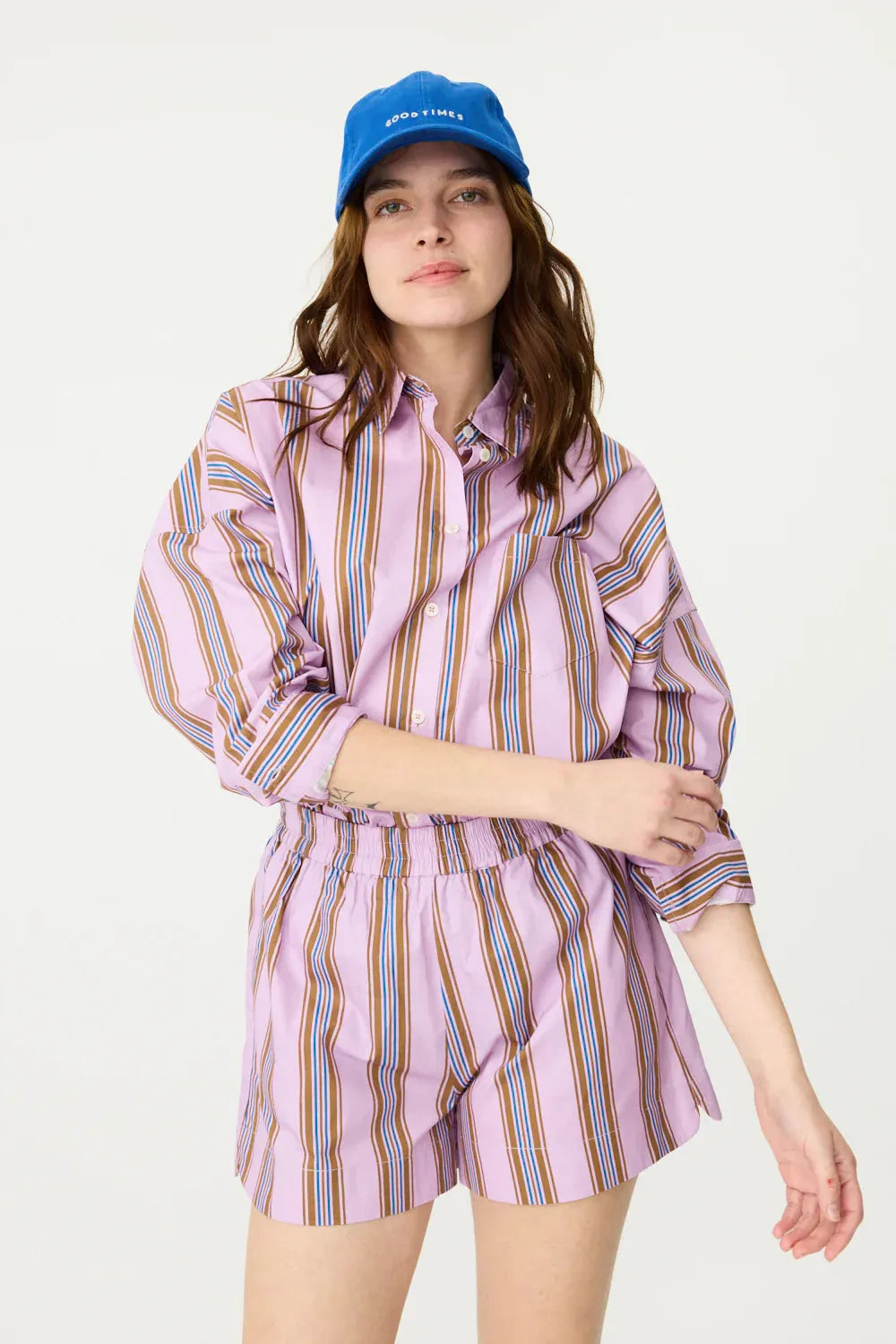 LMND Chiara Classic Shirt in Violet/Caramel/Electric Indigo Stripes - the tartan fox