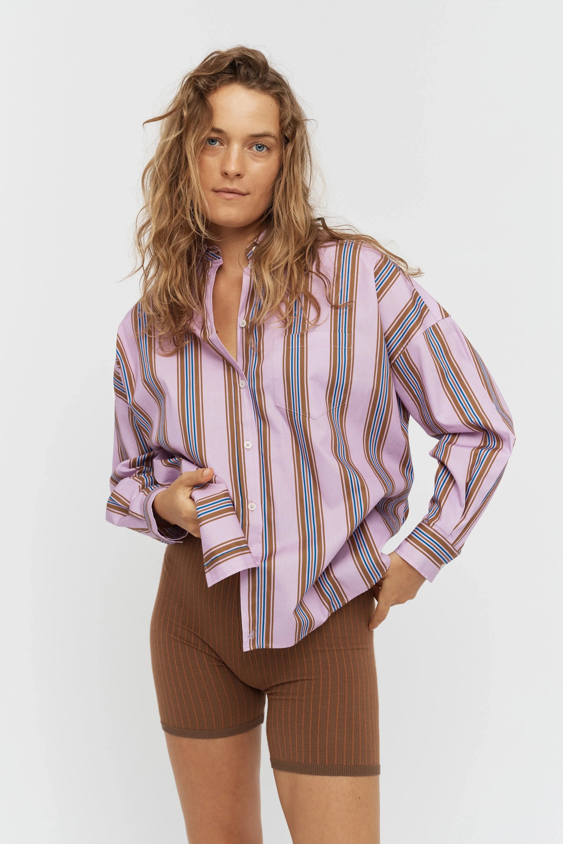 LMND Chiara Classic Shirt in Violet/Caramel/Electric Indigo Stripes - the tartan fox