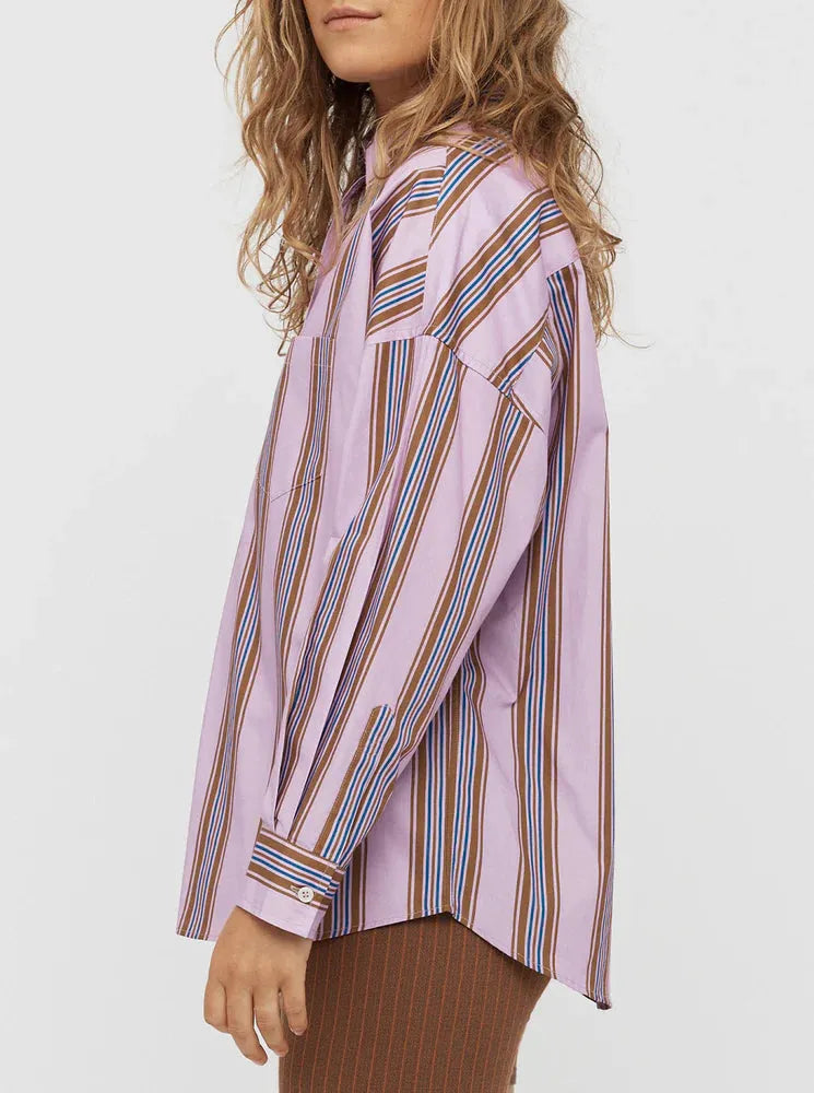 LMND Chiara Classic Shirt in Violet/Caramel/Electric Indigo Stripes - the tartan fox