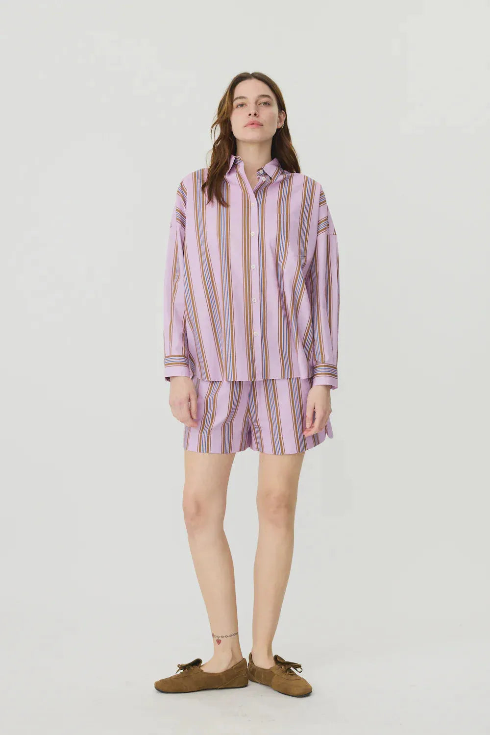 LMND Chiara Classic Shirt in Violet/Caramel/Electric Indigo Stripes - the tartan fox