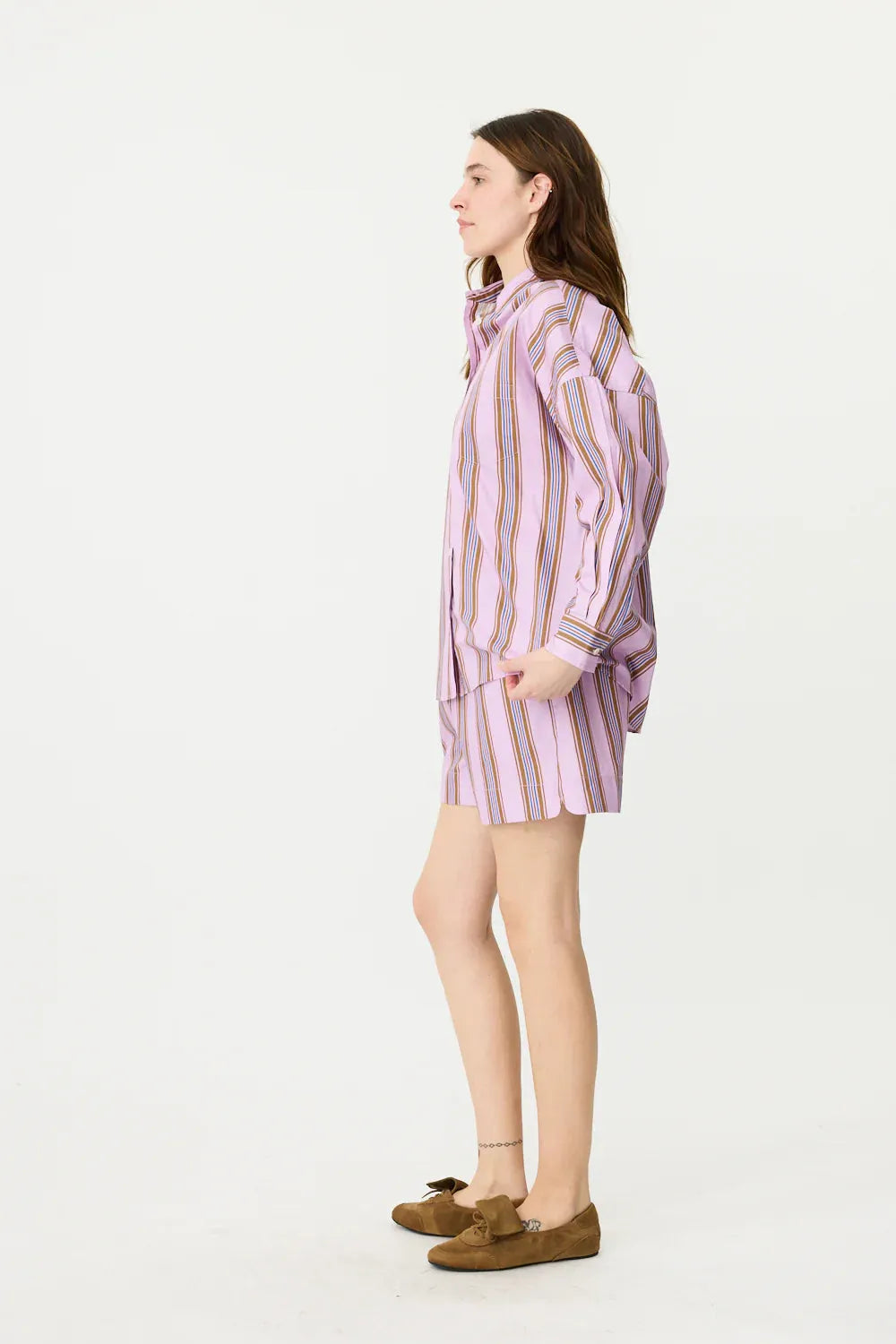 LMND Chiara Classic Shorts in Violet/Caramel/Electric Indigo Stripes - the tartan fox