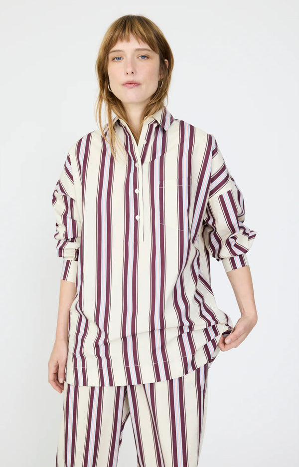 LMND Chiara Half Placket Striped Shirt in Birch / Fig / Grape Mist - the tartan fox