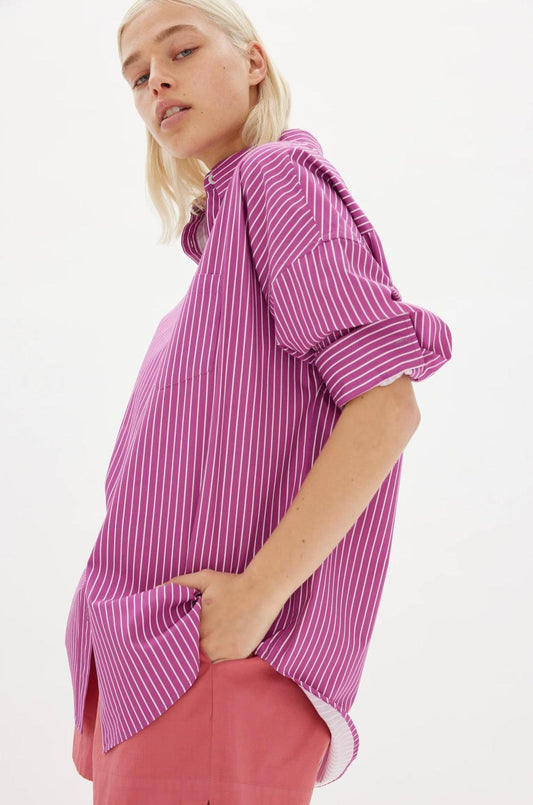 LMND Chiara Shirt Mid Length in Fuschia and White Stripe - the tartan fox