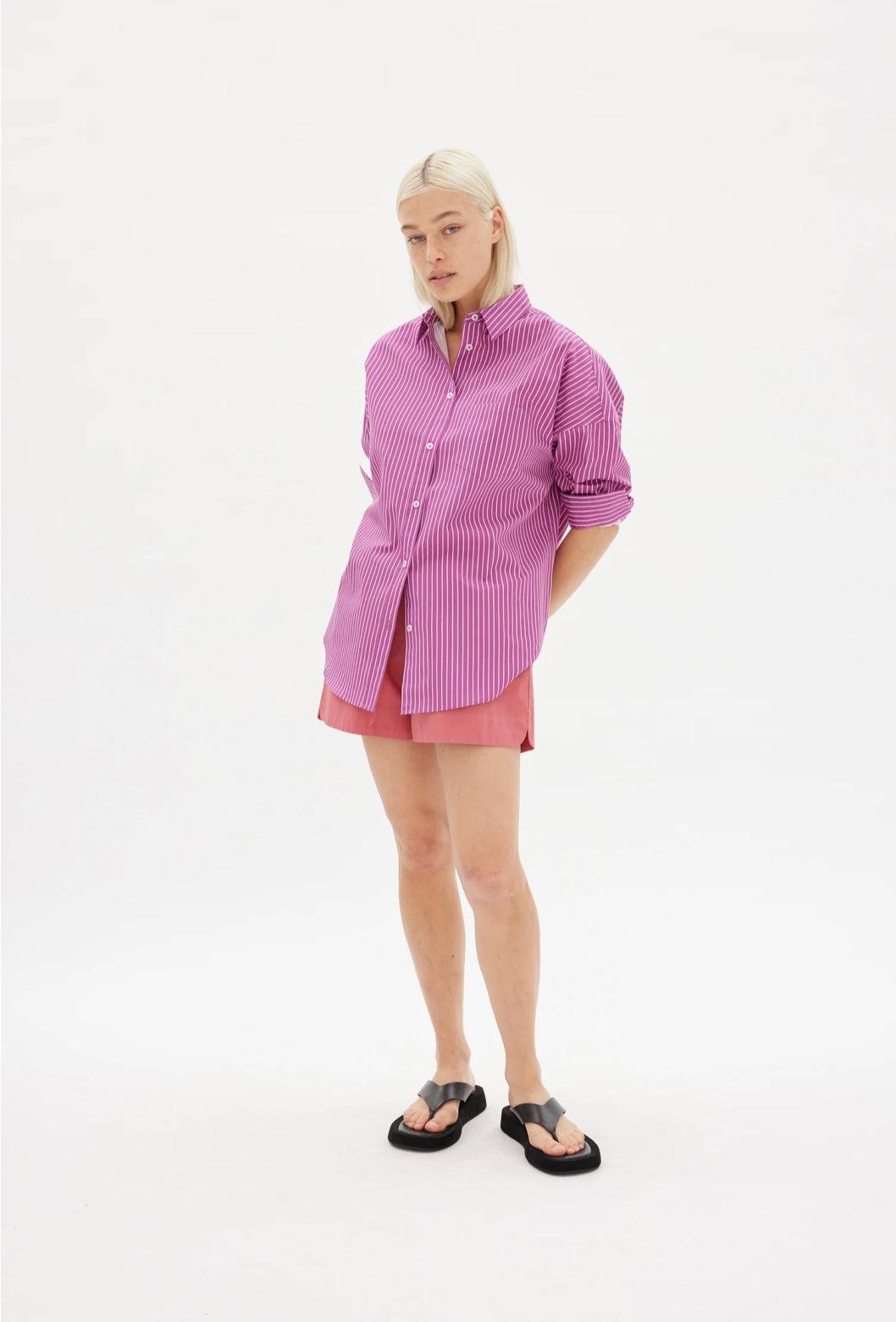 LMND Chiara Shirt Mid Length in Fuschia and White Stripe - the tartan fox