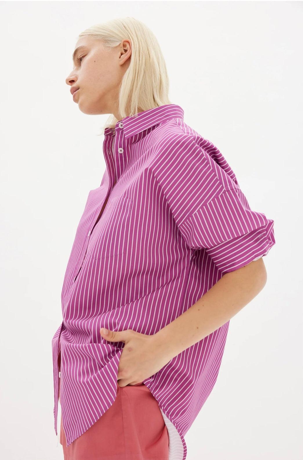 LMND Chiara Shirt Mid Length in Fuschia and White Stripe - the tartan fox