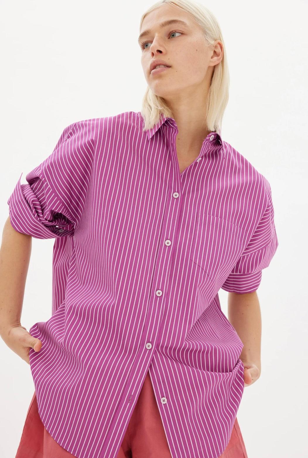 LMND Chiara Shirt Mid Length in Fuschia and White Stripe - the tartan fox