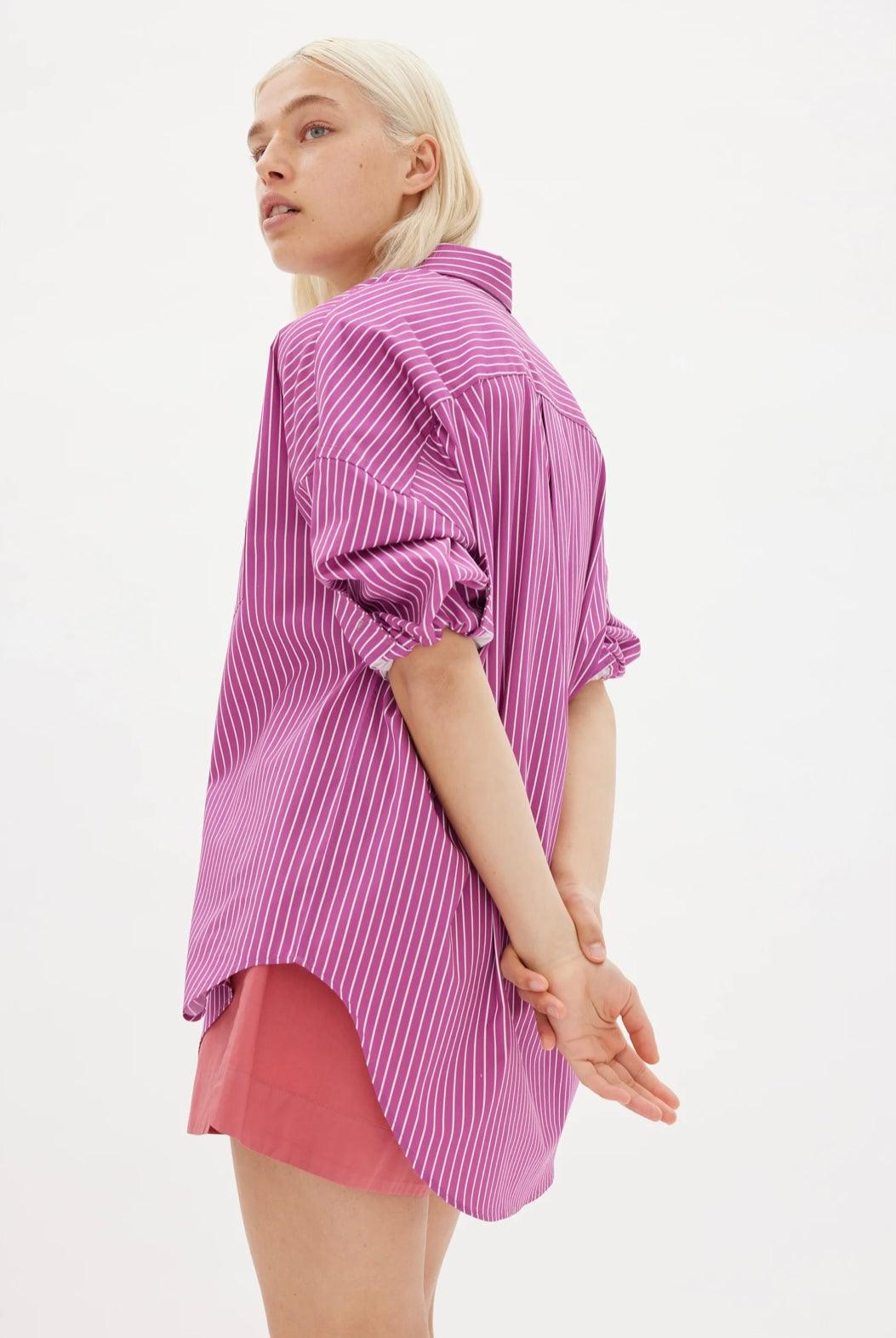 LMND Chiara Shirt Mid Length in Fuschia and White Stripe - the tartan fox