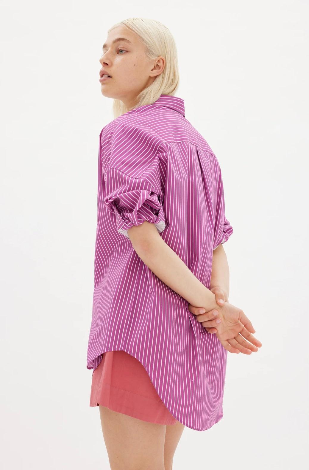 LMND Chiara Shirt Mid Length in Fuschia and White Stripe - the tartan fox