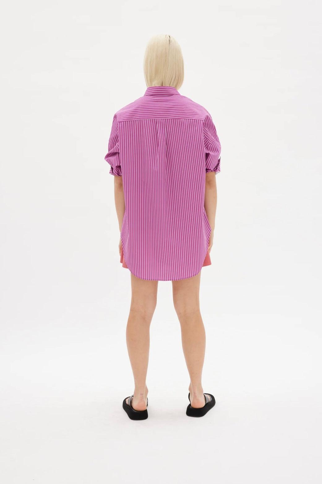 LMND Chiara Shirt Mid Length in Fuschia and White Stripe - the tartan fox