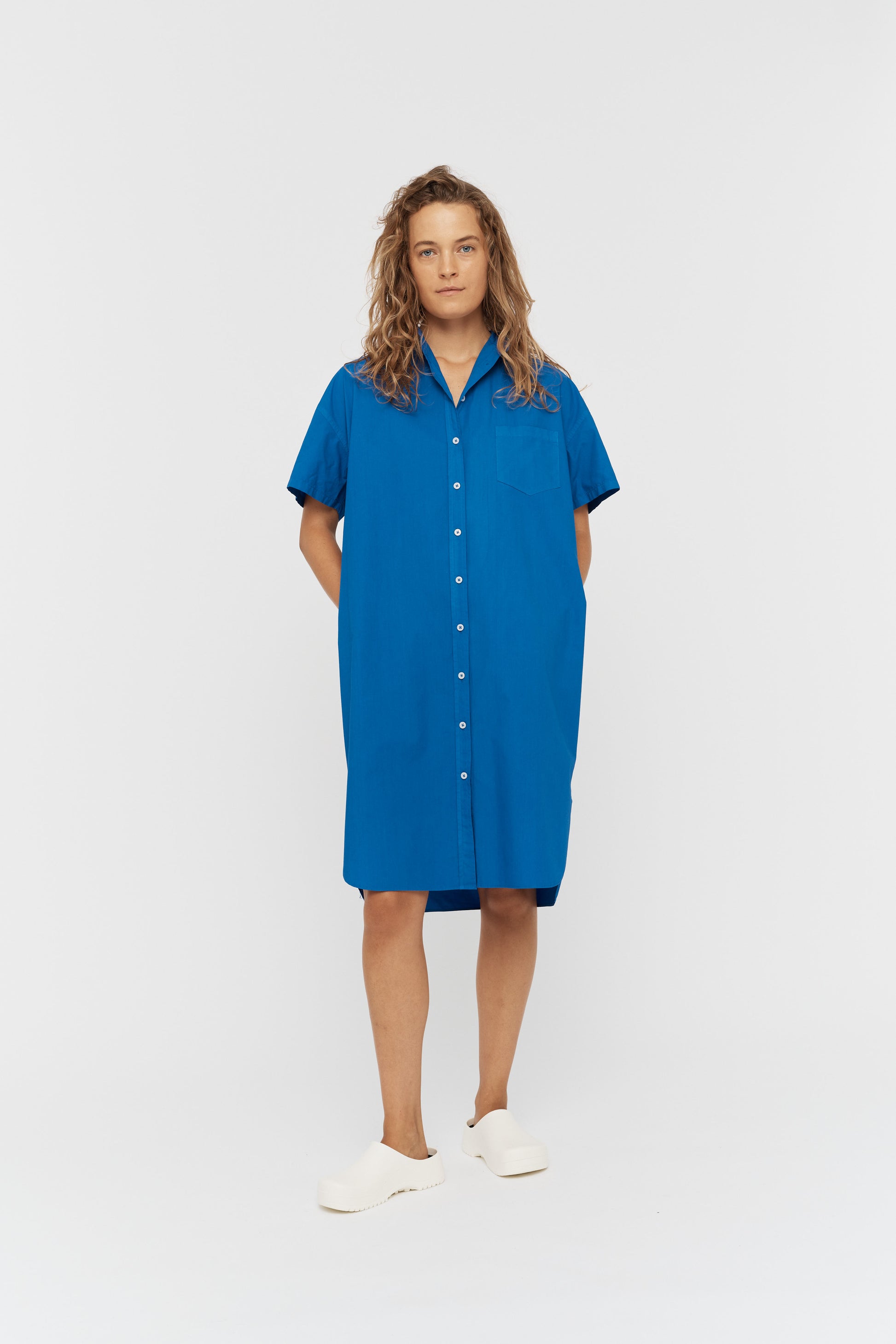 LMND Chiara Short Sleeve Shirt Dress in Electric Blue - the tartan fox