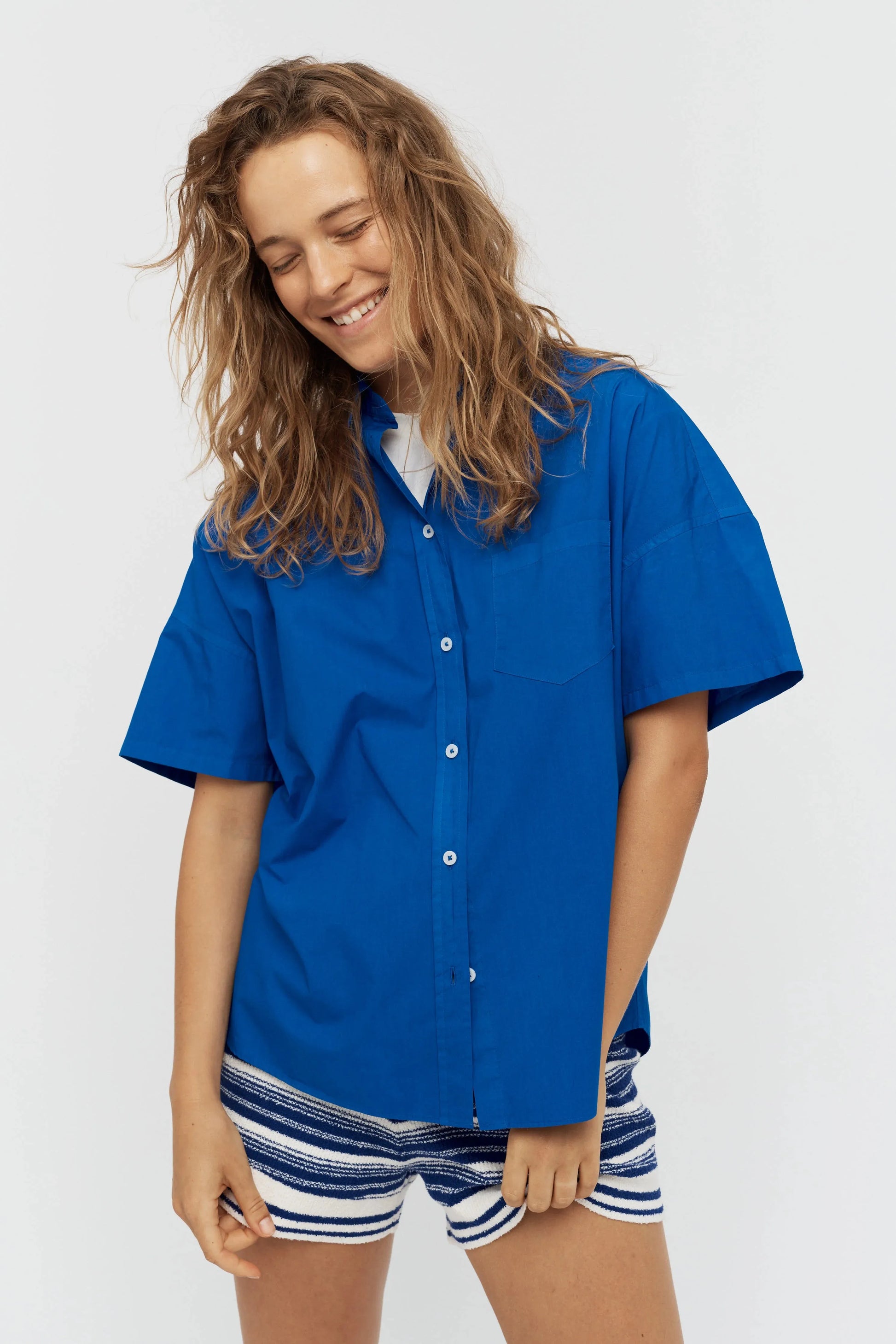 LMND Chiara Short Sleeve Shirt in Electric Indigo - the tartan fox