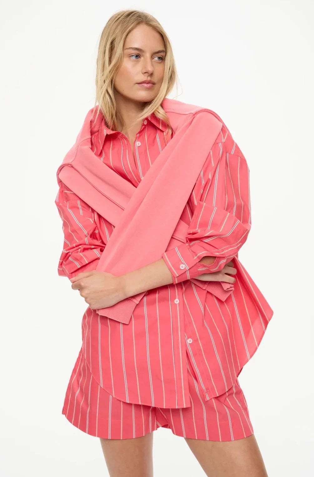 Pink striped women's shirt and shorts set, stylish and trendy fashion