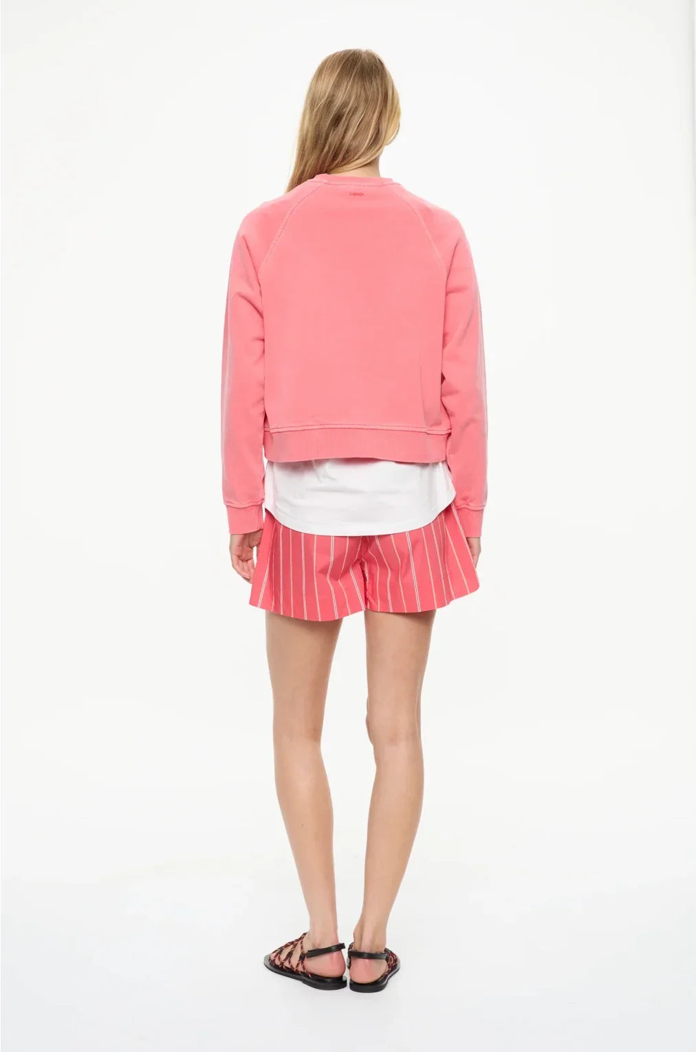 Pink cropped sweatshirt with striped shorts and sandals for women's fashion