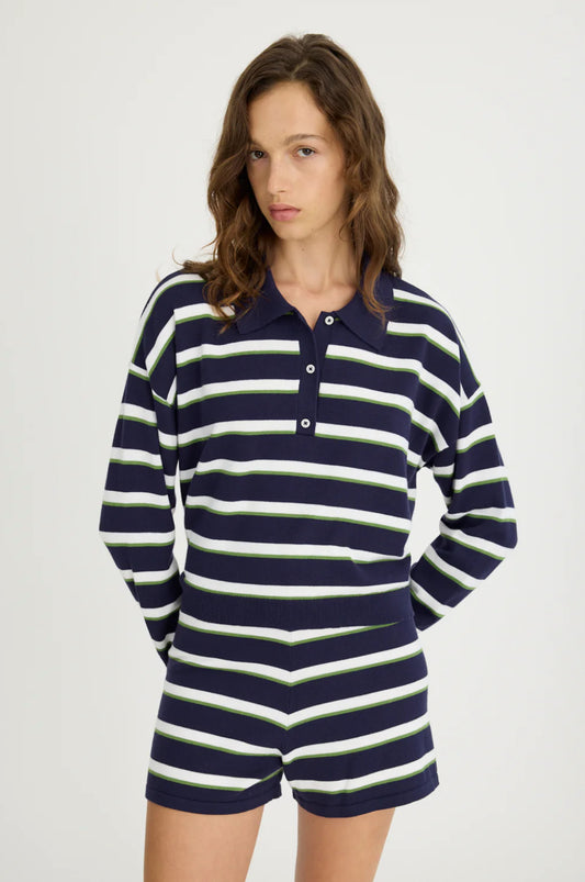 LMND Luna Long Sleeve Striped Polo in Navy/White/Pear - the tartan fox