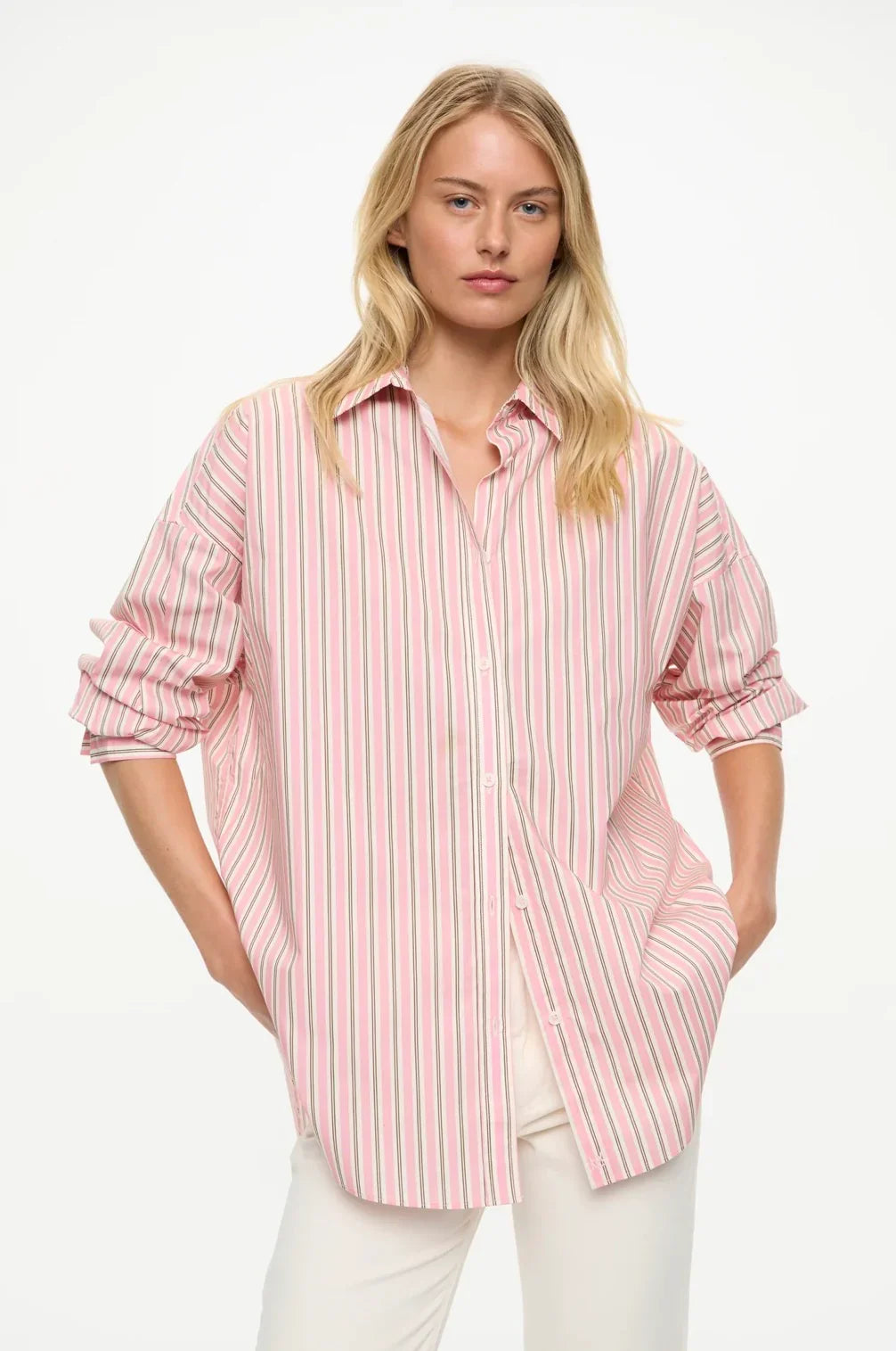 Pink striped oversized shirt with rolled sleeves, women's fashion