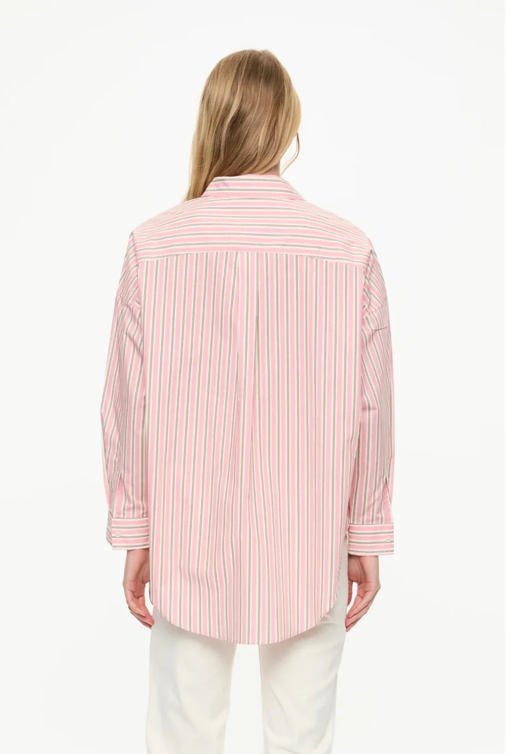 Pink striped long sleeve shirt for women, back view, casual fashion