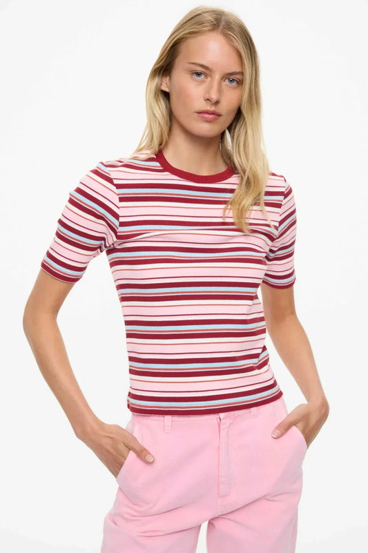 Striped short sleeve top in pink, red, and blue with pink pants, women's fashion