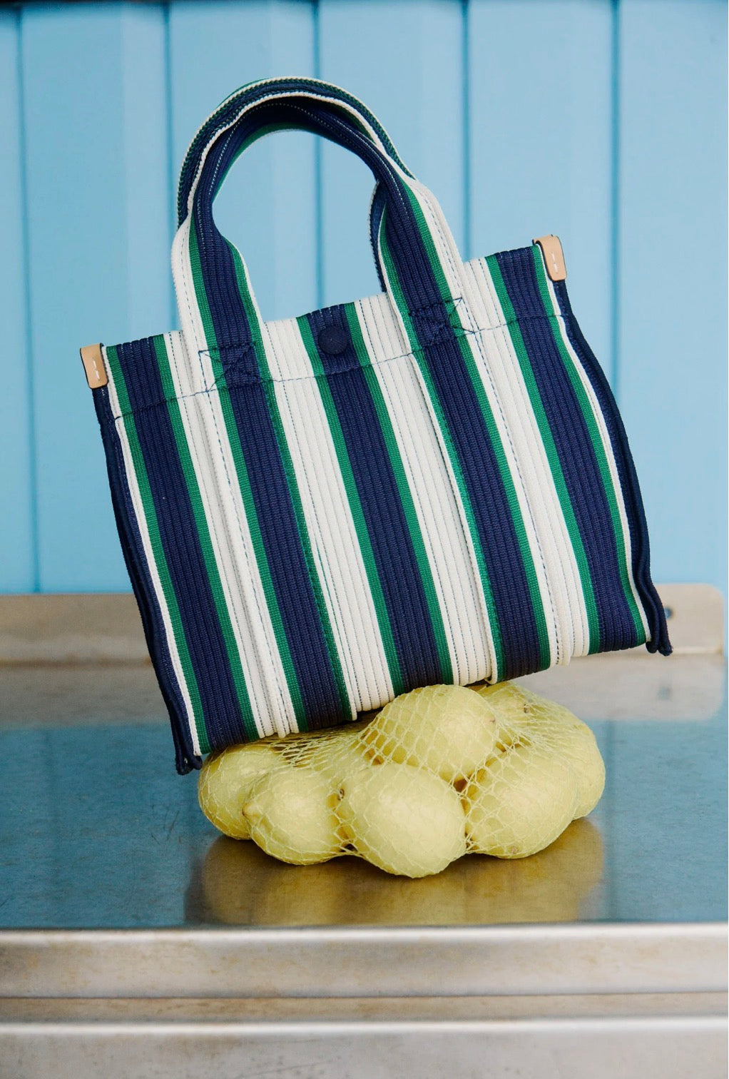 LMND Rialto Small Tote in Navy/Verde Stripe