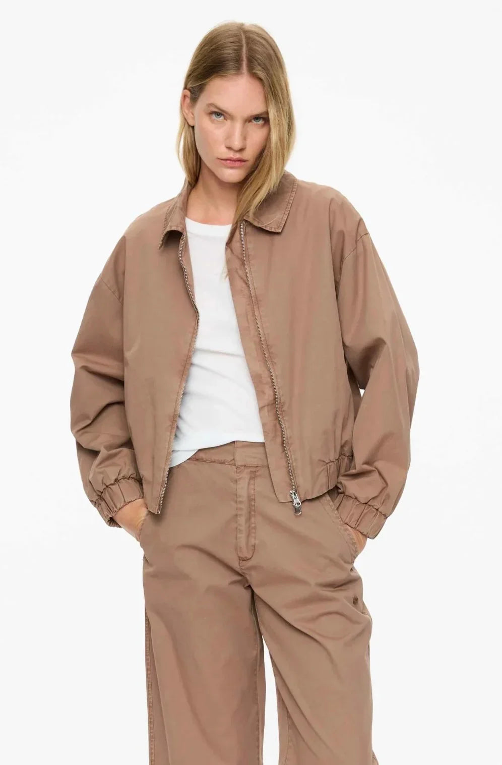 Women's beige bomber jacket and matching pants, casual fashion outfit