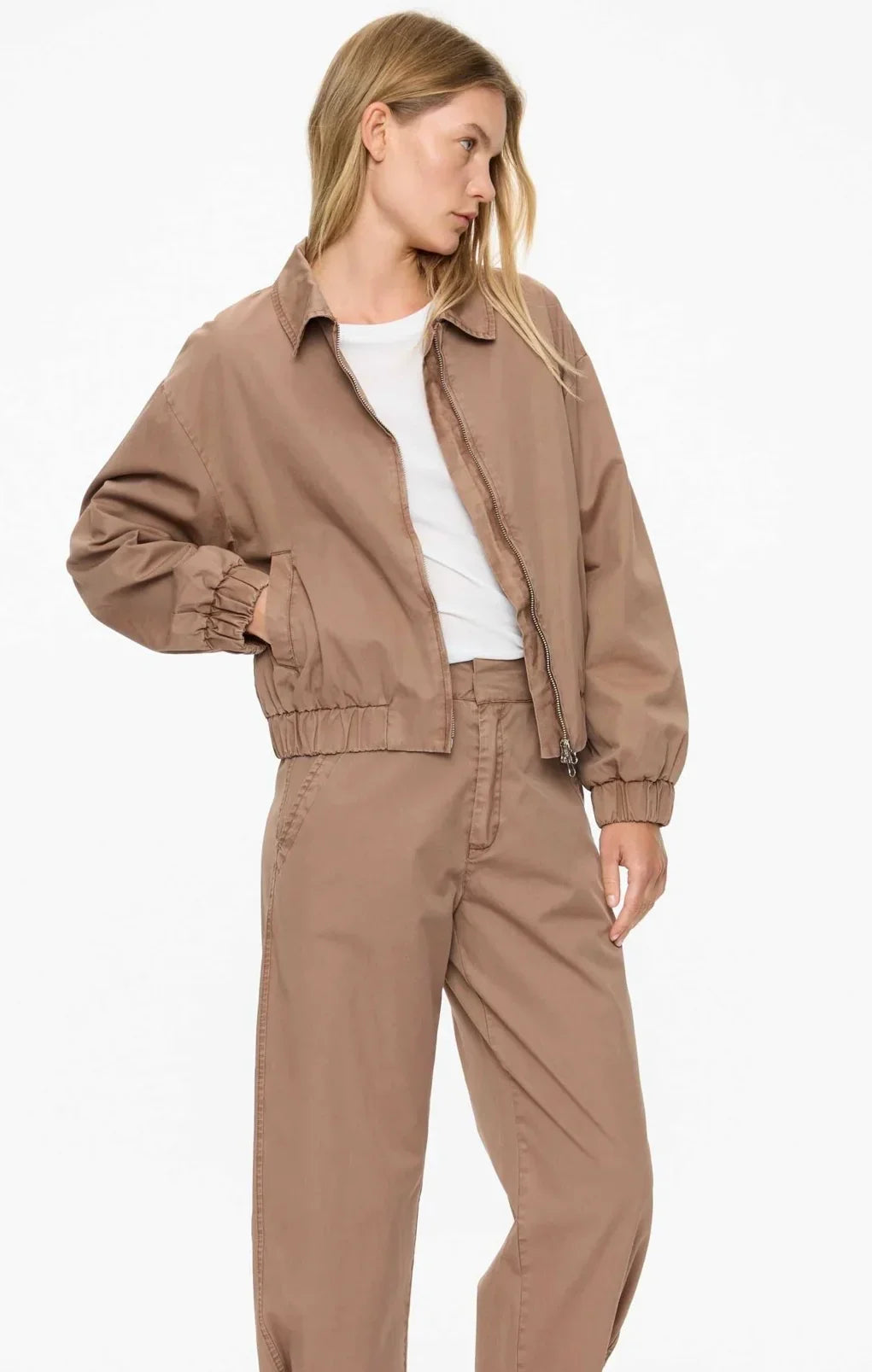 Women's beige bomber jacket and matching pants, casual fashion outfit