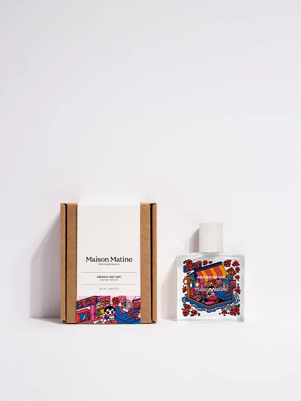 Maison Matine Arashi No Umi perfume bottle and box with colorful illustrated label, minimalist white background