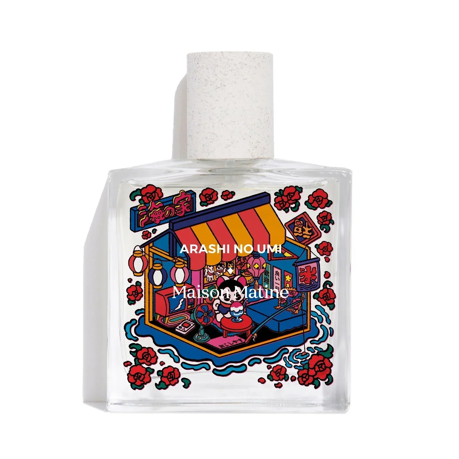 Arashi no Umi Maison Matine perfume bottle with colorful Japanese shop illustration and red roses