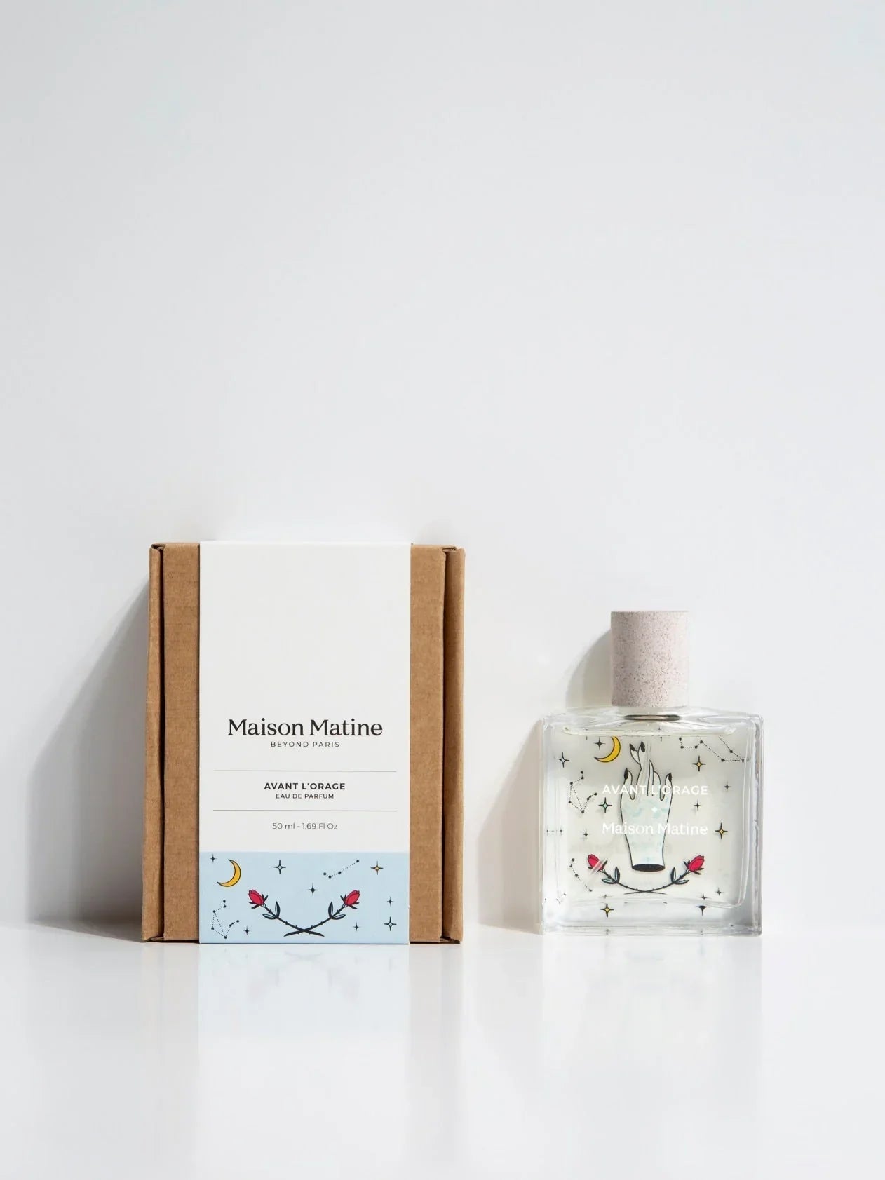 Maison Matine Avant L'Orage Eau de Parfum 50ml bottle with illustrated box, celestial design, minimalist white background