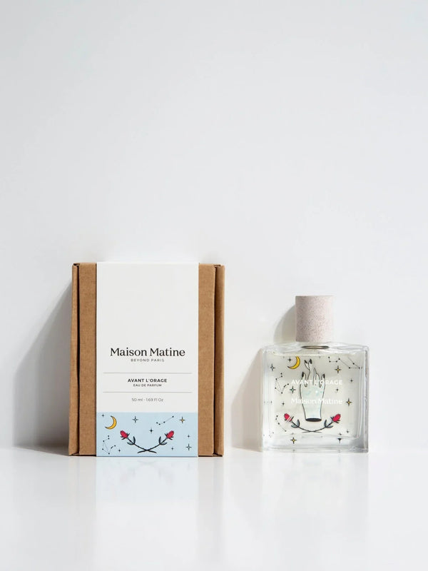 Maison Matine Avant L'Orage Eau de Parfum 50ml bottle with illustrated box, celestial design, minimalist white background