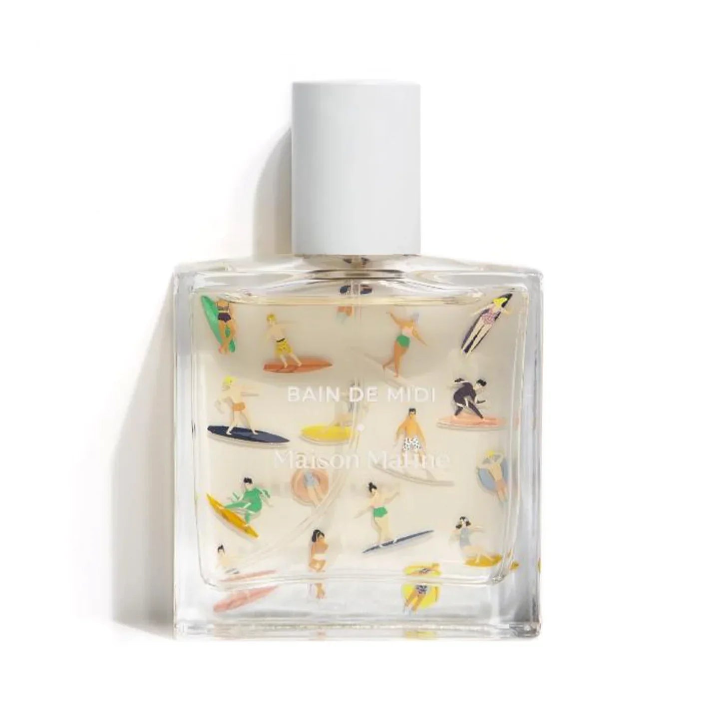 Maison Matine Bain de Midi perfume bottle with colorful surfers, beach vibes, summer fragrance