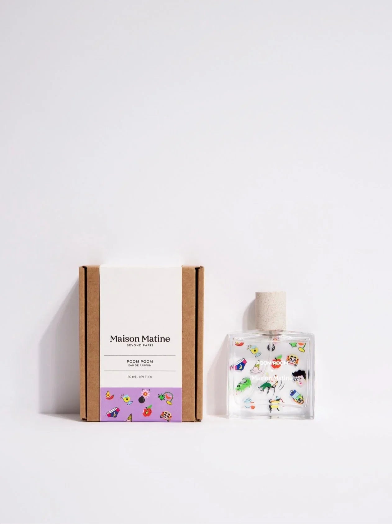 Maison Matine Poom Poom Eau de Parfum bottle and box with colorful playful graphics, 50ml