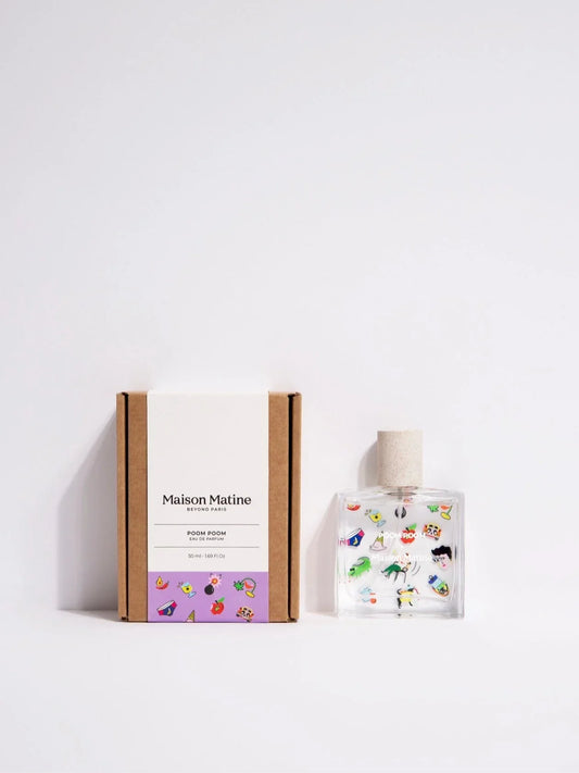 Maison Matine Poom Poom Eau de Parfum bottle and box with colorful playful graphics, 50ml