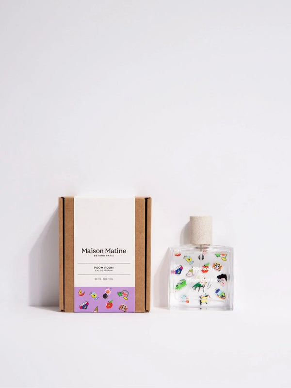 Maison Matine Poom Poom Eau de Parfum bottle and box with colorful playful graphics, 50ml