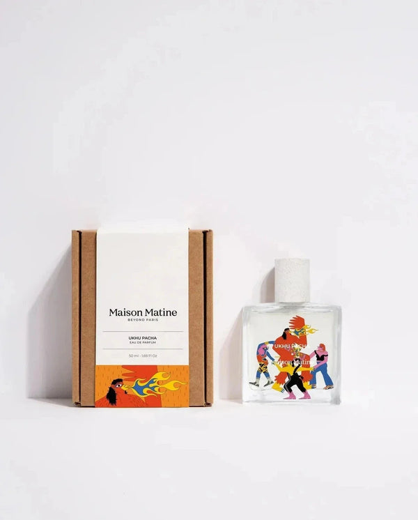Maison Matine Ukhu Pacha Eau de Parfum bottle and box with vibrant illustrated design, 50ml