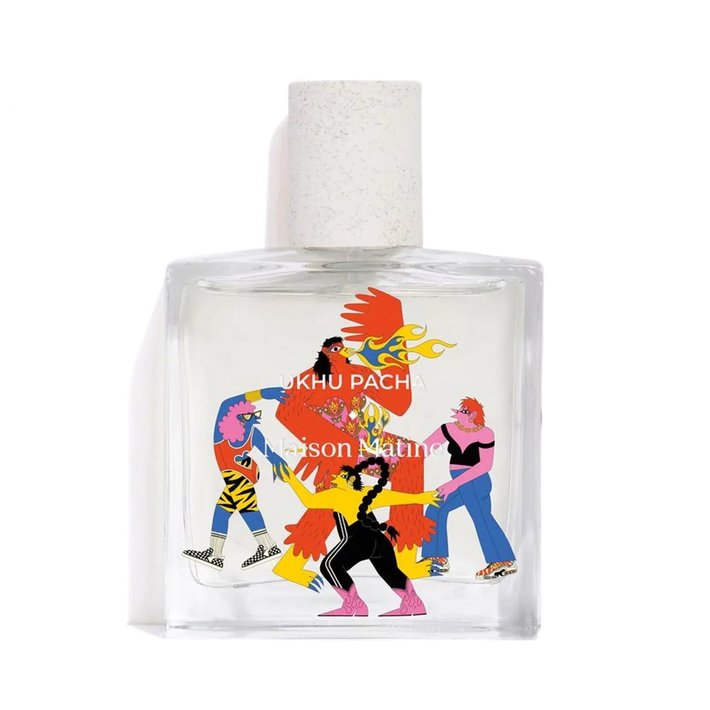 Clear glass perfume bottle with vibrant, artistic label featuring colorful figures and 'UKHU PACHA' text