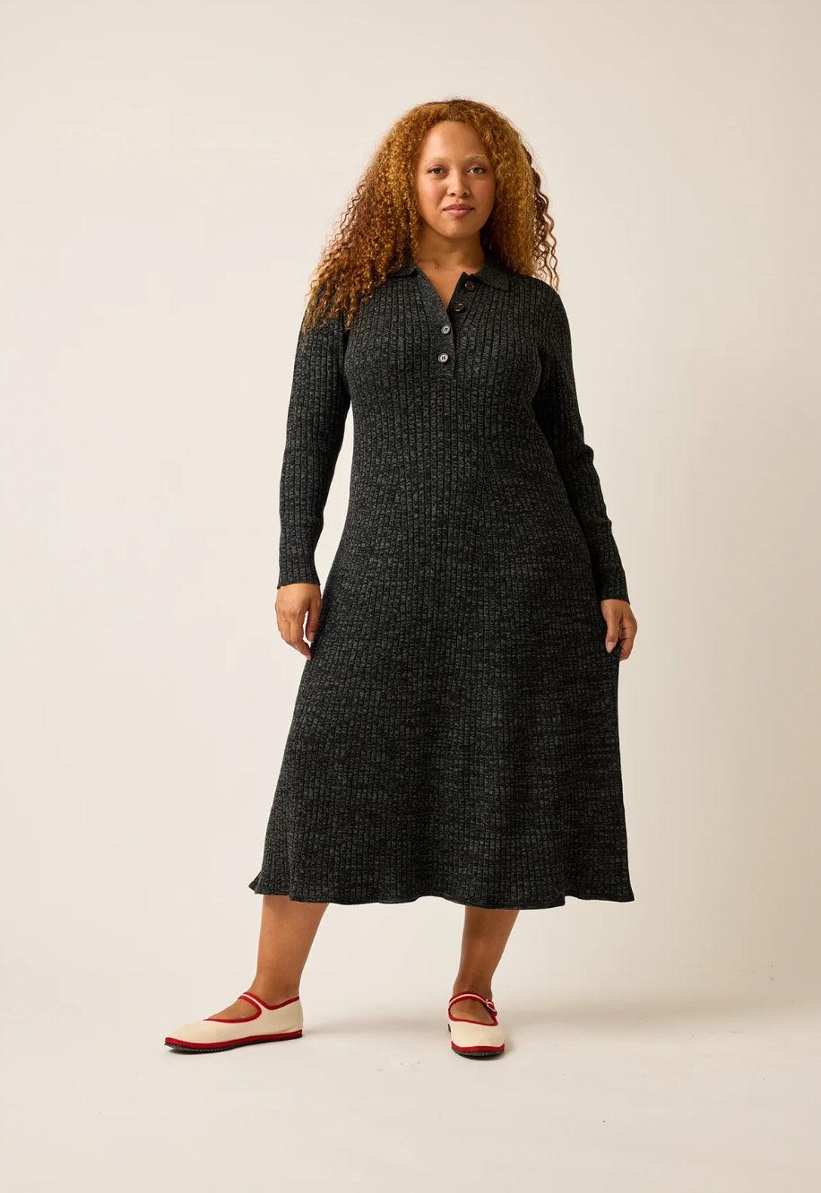 Nancybird Simona Long Sleeve Rib Dress in Black Melange - the tartan fox