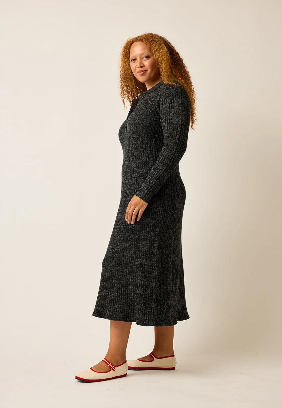 Nancybird Simona Long Sleeve Rib Dress in Black Melange - the tartan fox