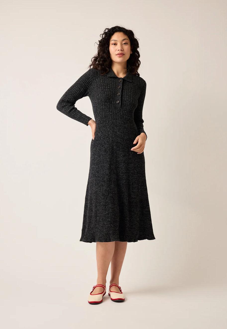 Nancybird Simona Long Sleeve Rib Dress in Black Melange - the tartan fox