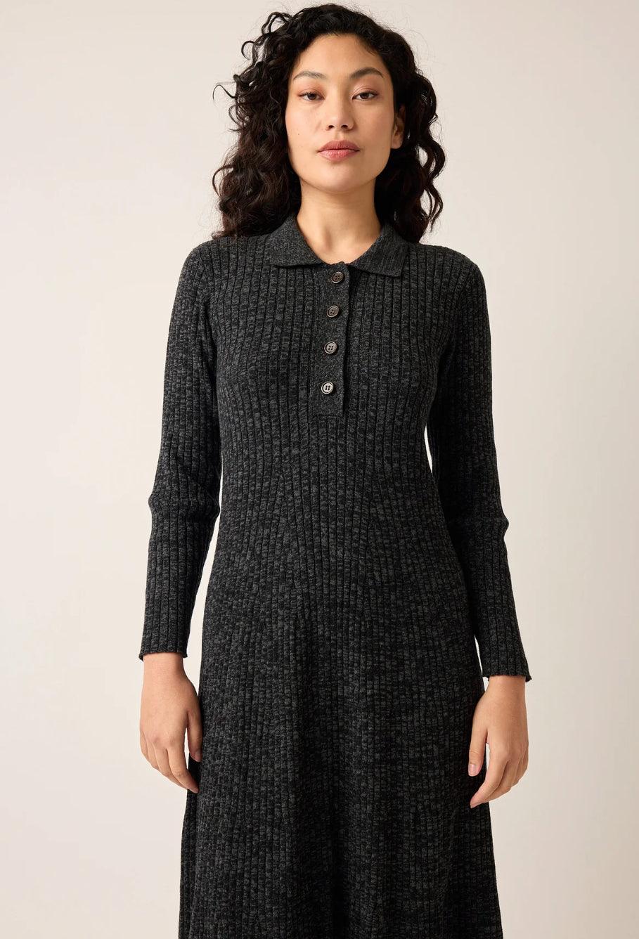 Nancybird Simona Long Sleeve Rib Dress in Black Melange - the tartan fox