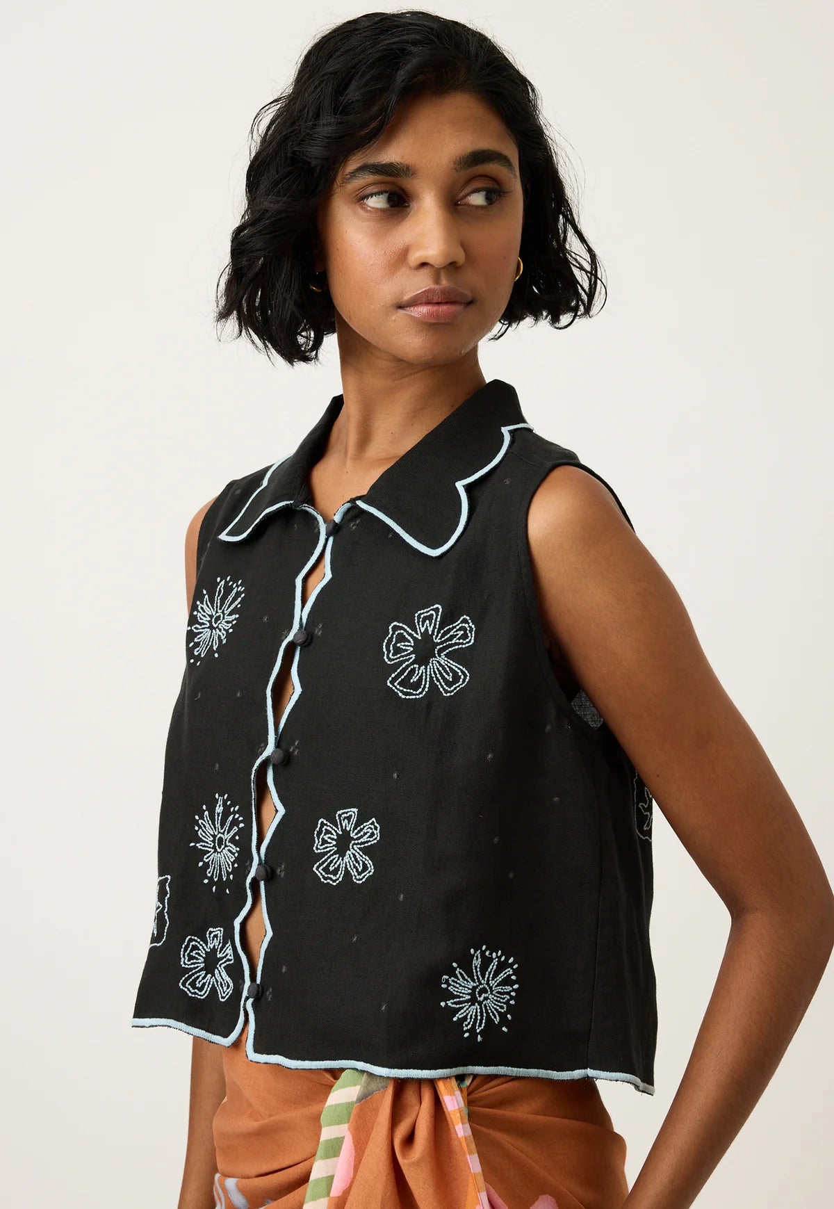 Nancybird Tuva Vest in Charcoal Embroidered - the tartan fox