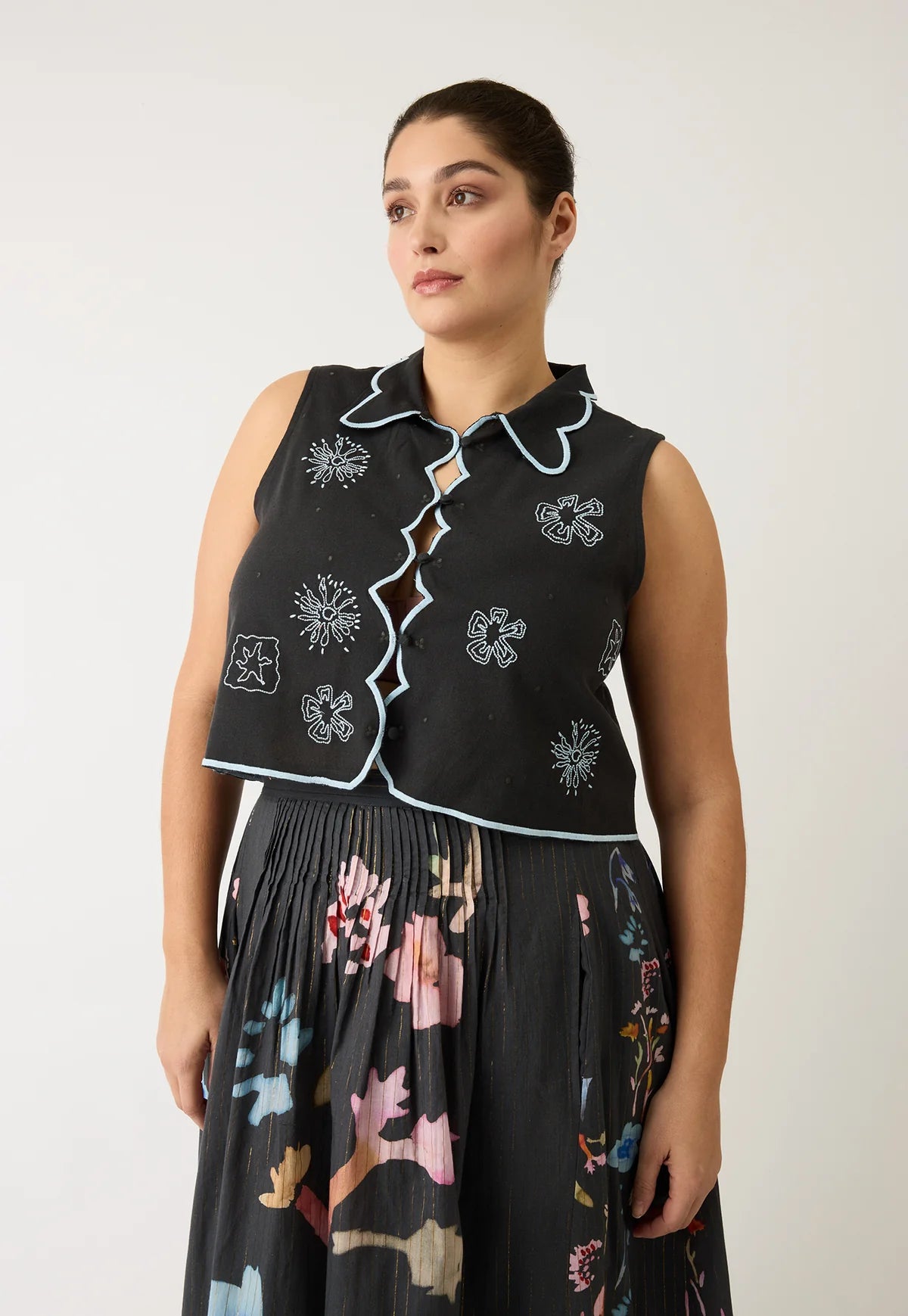 Nancybird Tuva Vest in Charcoal Embroidered - the tartan fox