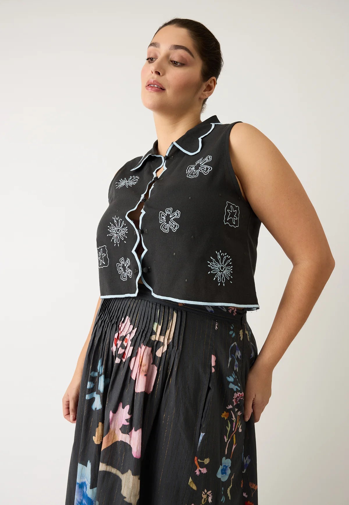 Nancybird Tuva Vest in Charcoal Embroidered - the tartan fox