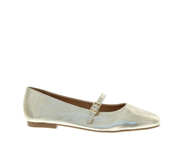 Gold metallic Mary Jane flat shoe with buckle strap, women's fashion footwear