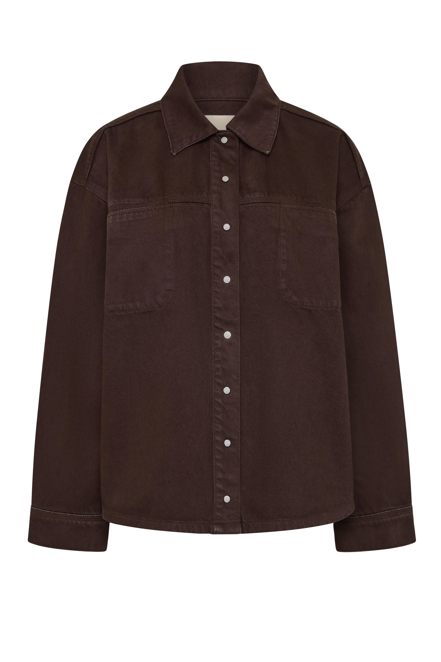 Brown button-up shirt with chest pockets, long sleeves, and classic collar for women's fashion
