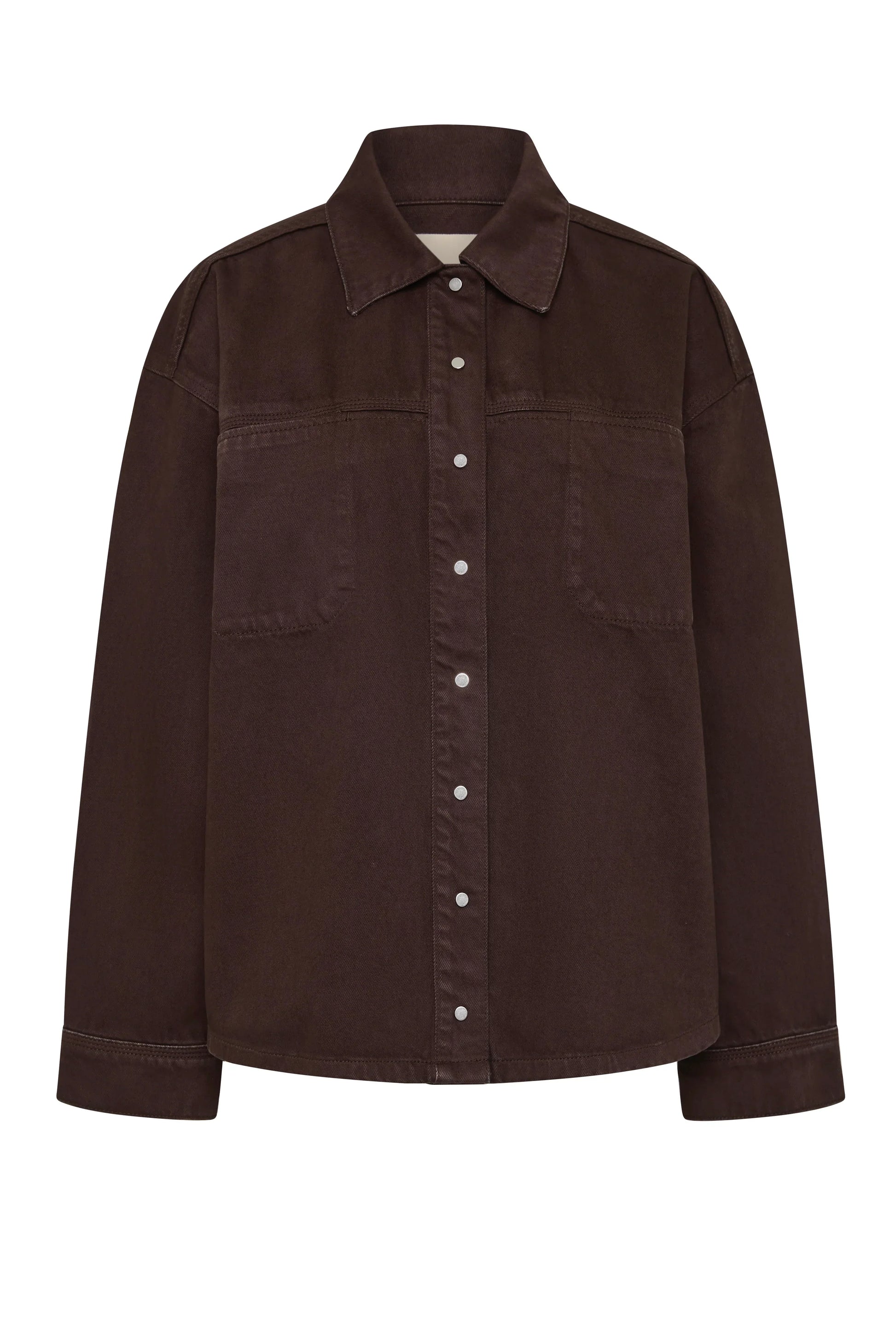 Brown button-up shirt with chest pockets, long sleeves, and classic collar for women's fashion