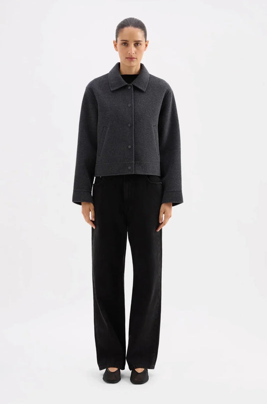 Dark gray cropped jacket with black wide-leg pants for women's fashion