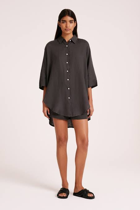 Nude Lucy Lounge Linen Longline Shirt in Coal - the tartan fox