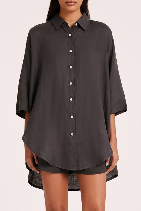 Nude Lucy Lounge Linen Longline Shirt in Coal - the tartan fox